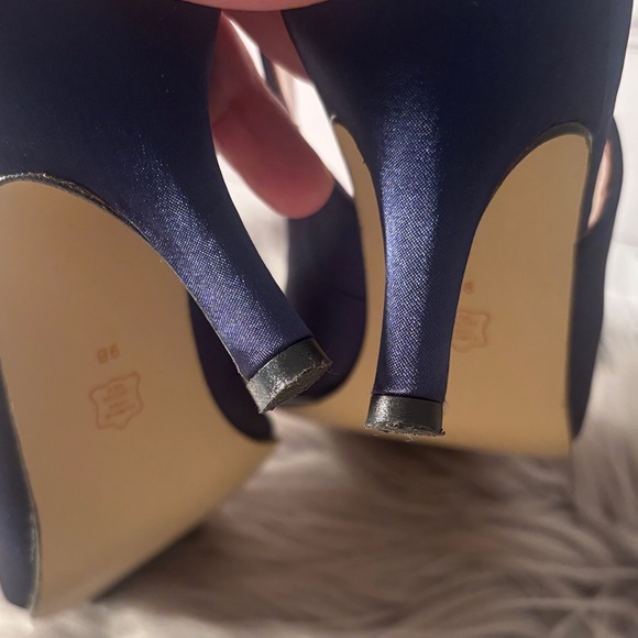 Caparros Navy Blue Satin Peep Toe Slingback Heels with Rhinestones Size 9 - Picture 7 of 11